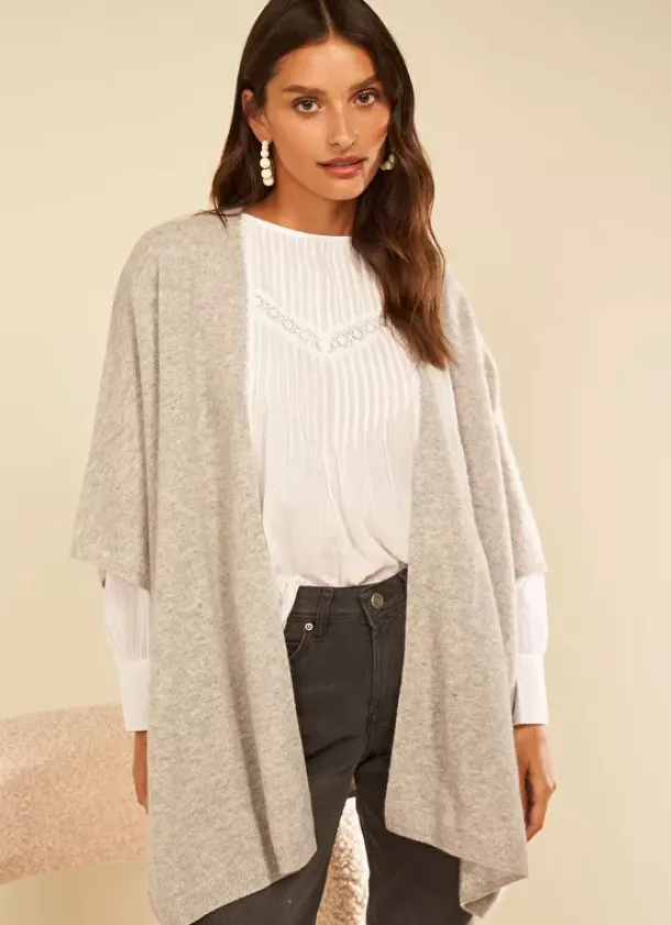 Sud Express Jumpers & Cardigans|Poncho Long Et Ouvert Pur Cachemire Perle Chine Gwenaelle