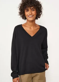 Sud Express Jumpers & Cardigans|Pull A Col V Au Tricotage Jersey Noir Madeleina
