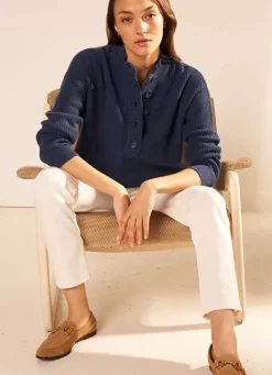 Sud Express Jumpers & Cardigans|Pull A Cotes Et Col Montant Indigo Macaron