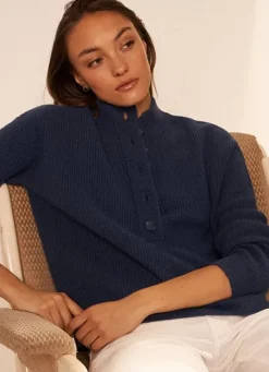 Sud Express Jumpers & Cardigans|Pull A Cotes Et Col Montant Indigo Macaron
