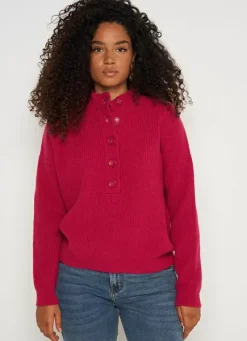 Sud Express Jumpers & Cardigans|Pull A Cotes Et Col Montant Framboise Macaron