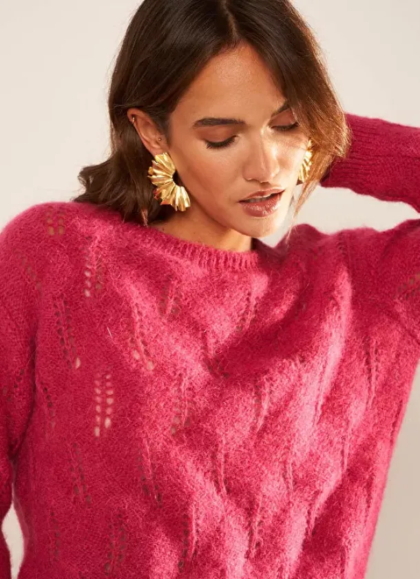 Sud Express Jumpers & Cardigans|Pull Col Bateau Framboise Mantiby