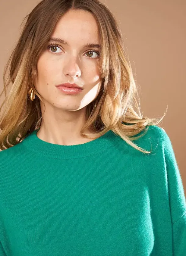 Sud Express Jumpers & Cardigans|Pull Col Rond 100% Cachemire Vert Mapoue