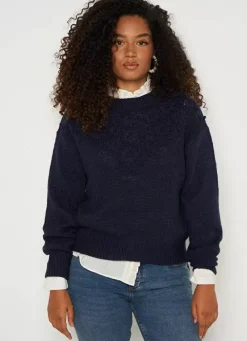 Sud Express Jumpers & Cardigans|Pull Col Rond A Broderies Florales Marine Marguerite