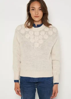Sud Express Jumpers & Cardigans|Pull Col Rond A Broderies Florales Ecru Marguerite