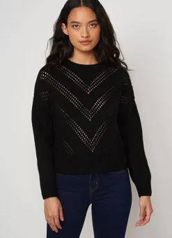 Sud Express Jumpers & Cardigans|Pull Col Rond Details Ajoures Noir Maribelle