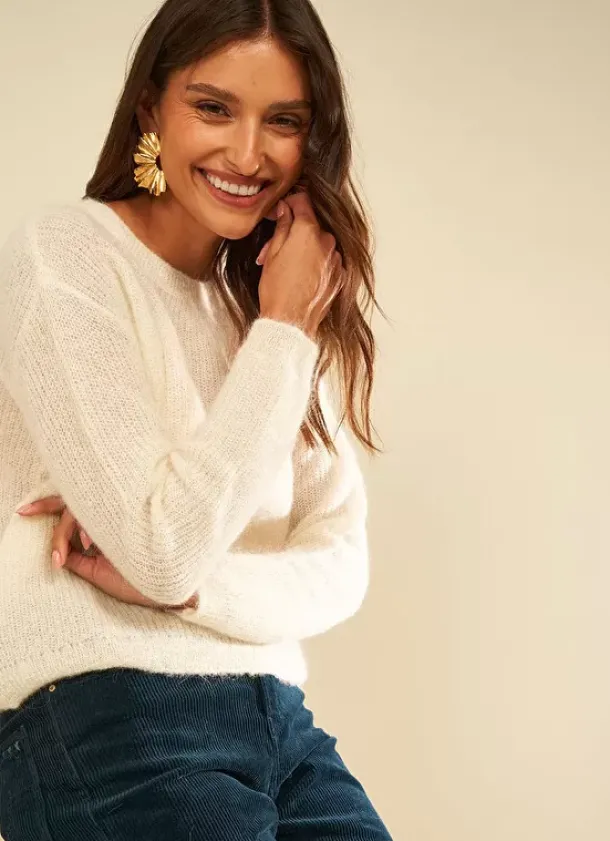 Sud Express Jumpers & Cardigans|Pull Col Rond Ecru Moncoeuro