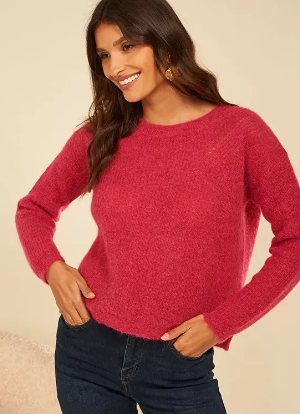 Sud Express Jumpers & Cardigans|Pull Col Rond Framboise Moncoeuro