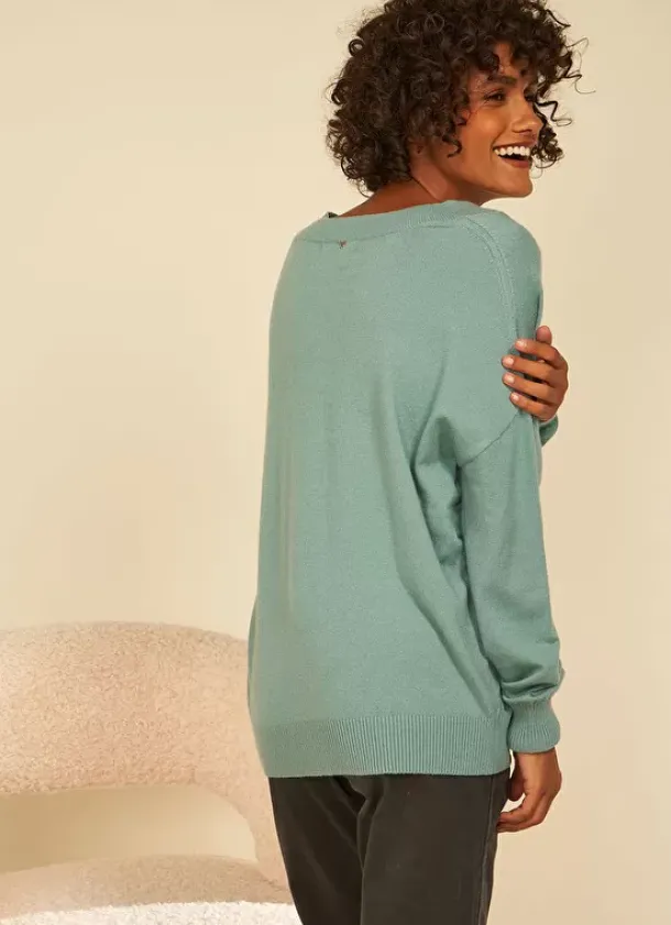 Sud Express Jumpers & Cardigans|Pull Col V A Maille Douce Celadon Marseillan