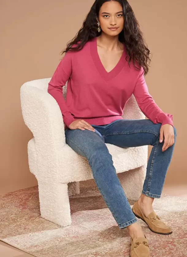 Sud Express Jumpers & Cardigans|Pull Col V A Maille Douce Vieux Rose Marseillan