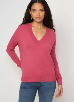Sud Express Jumpers & Cardigans|Pull Col V A Maille Douce Vieux Rose Marseillan