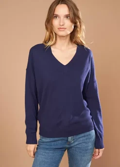 Sud Express Jumpers & Cardigans|Pull Col V A Maille Douce Marine Marseillan