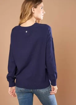 Sud Express Jumpers & Cardigans|Pull Col V A Maille Douce Marine Marseillan