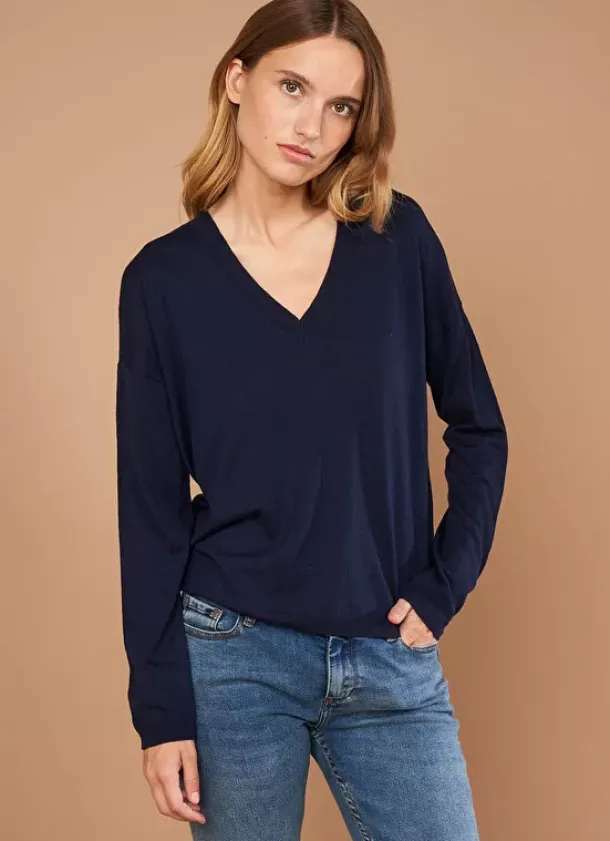 Sud Express Jumpers & Cardigans|Pull Col V A Manches Longues Marine Madia
