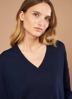 Sud Express Jumpers & Cardigans|Pull Col V A Manches Longues Marine Madia