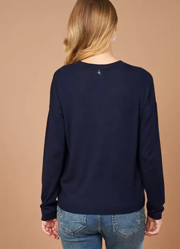 Sud Express Jumpers & Cardigans|Pull Col V A Manches Longues Marine Madia