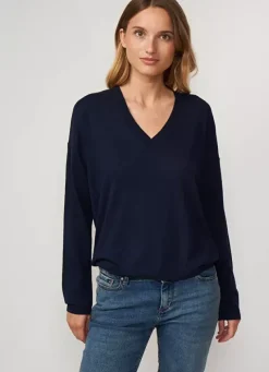 Sud Express Jumpers & Cardigans|Pull Col V A Manches Longues Marine Madia