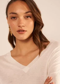 Sud Express Jumpers & Cardigans|Pull Col V A Manches Longues Ecru Madia