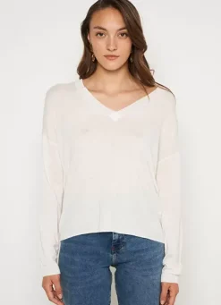 Sud Express Jumpers & Cardigans|Pull Col V A Manches Longues Ecru Madia