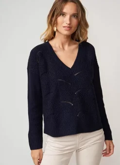 Sud Express Jumpers & Cardigans|Pull Col V Au Tricotage Ajoure Marine Matido
