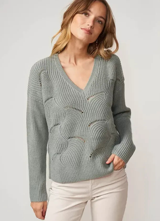 Sud Express Jumpers & Cardigans|Pull Col V Au Tricotage Ajoure Amande Matido