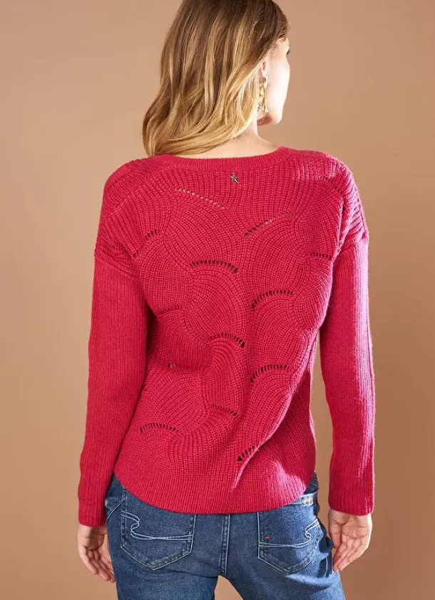 Sud Express Jumpers & Cardigans|Pull Col V Au Tricotage Ajoure Framboise Matido