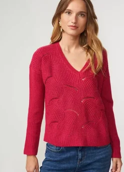 Sud Express Jumpers & Cardigans|Pull Col V Au Tricotage Ajoure Framboise Matido