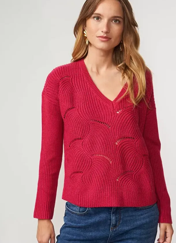 Sud Express Jumpers & Cardigans|Pull Col V Au Tricotage Ajoure Framboise Matido
