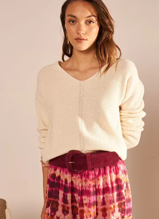 Sud Express Jumpers & Cardigans|Pull Col V Ecru Mathia
