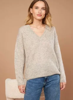 Sud Express Jumpers & Cardigans|Pull Col V En Mohair Ecru Chine Mannakay