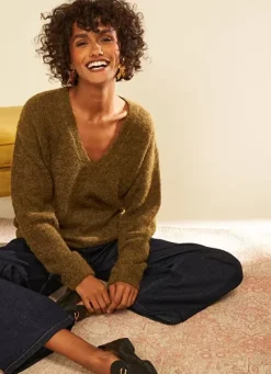 Sud Express Jumpers & Cardigans|Pull Col V En Mohair Kaki Mannakayx