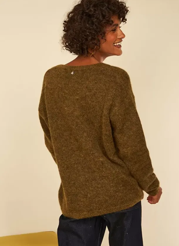 Sud Express Jumpers & Cardigans|Pull Col V En Mohair Kaki Mannakayx