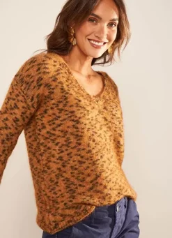 Sud Express Jumpers & Cardigans|Pull Col V, Fil Effet Animal Camel Madeline