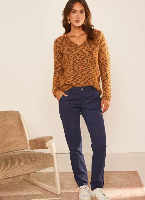 Sud Express Jumpers & Cardigans|Pull Col V, Fil Effet Animal Camel Madeline