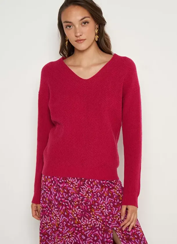 Sud Express Jumpers & Cardigans|Pull Col V Framboise Mathia