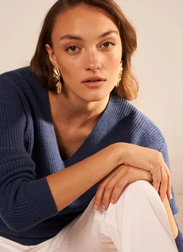 Sud Express Jumpers & Cardigans|Pull Col V Indigo Mathia