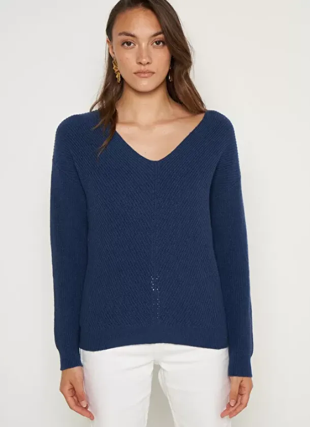 Sud Express Jumpers & Cardigans|Pull Col V Indigo Mathia