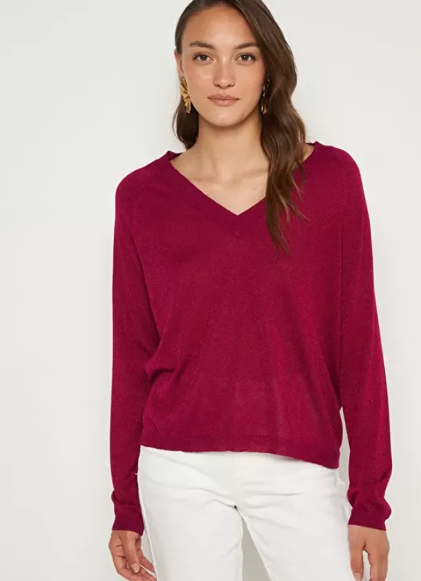 Sud Express Jumpers & Cardigans|Pull Col V Irise Framboise Madeleine