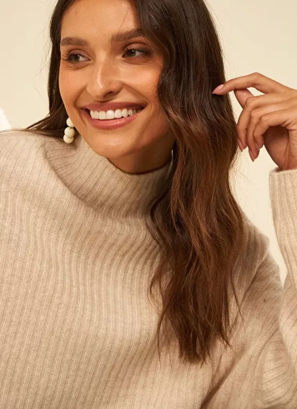 Sud Express Jumpers & Cardigans|Pull Pur Cachemire A Cotes Beige Chine Monetalou