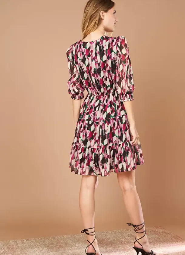 Sud Express Dresses & Overall|Robe Courte Imprimee A Encolure V Framboise Ruberry