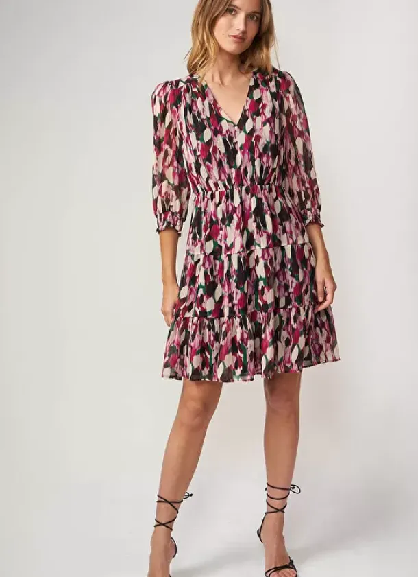 Sud Express Dresses & Overall|Robe Courte Imprimee A Encolure V Framboise Ruberry