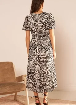 Sud Express Dresses & Overall|Robe Longue Imprimee A Manches Courtes Volantees Noir Resina