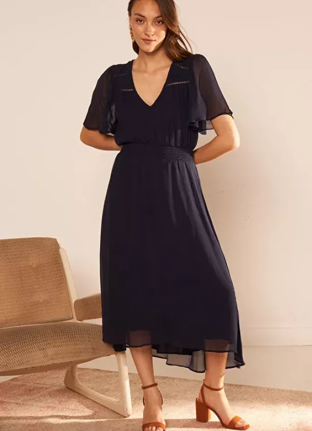 Sud Express Dresses & Overall|Robe Midi Avec Manches Volantees Marine Rosiska
