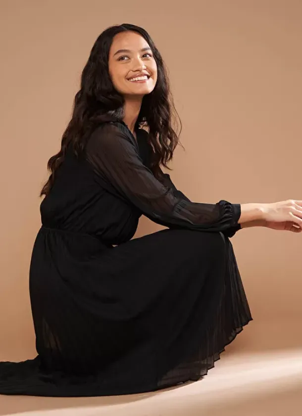 Sud Express Dresses & Overall|Robe Midi Plissee A Manches Longues Noir Ralita