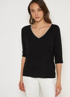 Sud Express T-Shirts|Tee-Shirt Col V Et Manches 3/4 Noir Tonyla