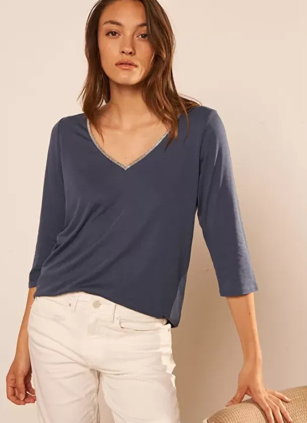 Sud Express T-Shirts|Tee-Shirt Col V Et Manches 3/4 Indigo Tonyla
