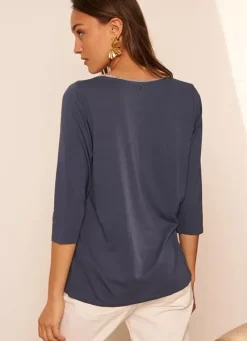 Sud Express T-Shirts|Tee-Shirt Col V Et Manches 3/4 Indigo Tonyla