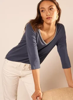 Sud Express T-Shirts|Tee-Shirt Col V Et Manches 3/4 Indigo Tonyla