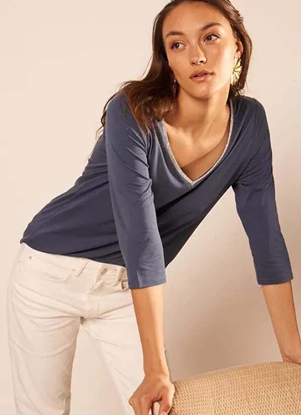 Sud Express T-Shirts|Tee-Shirt Col V Et Manches 3/4 Indigo Tonyla