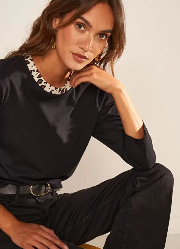 Sud Express T-Shirts|Tee-Shirt Detail Leopard Noir Thilda